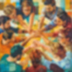 This vibrant painting depicts a circle of diverse individuals joining hands in a powerful display of unity and teamwork. Set against a dynamic background of colorful, patchwork-like hues, the group’s outstretched arms converge at the center, forming a radiant golden core that symbolizes shared strength and purpose. The warm tones and expressive brushstrokes reflect the spirit of community and cooperation, mirroring Agroverse’s mission to unite farmers, artists, and supporters in restoring the Amazon through regenerative cacao farming. This artwork captures the essence of collective effort and the joy of working together toward a common goal.