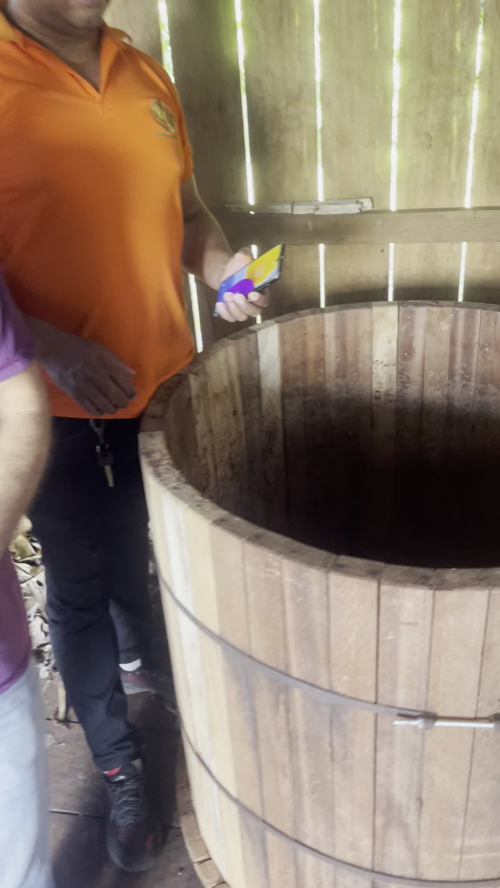 Wooden fermentation barrel at Fazenda Cleide