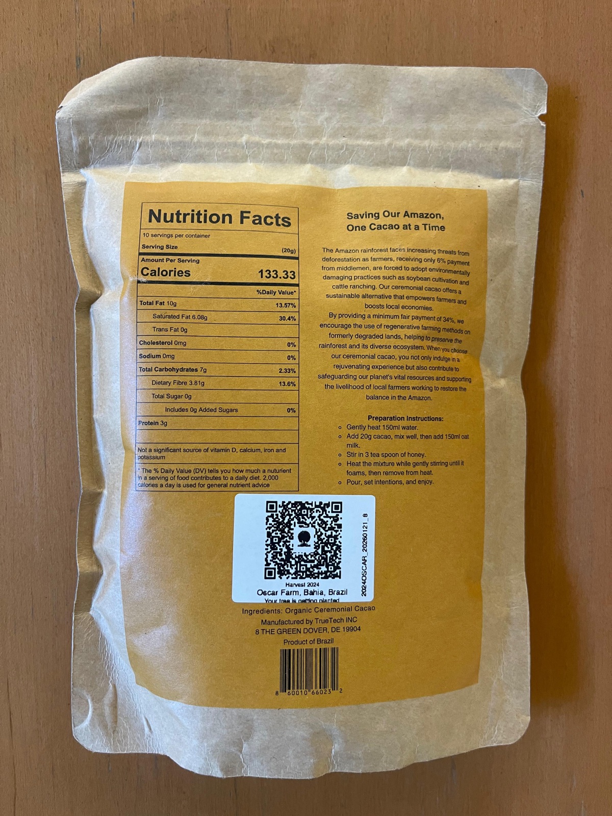 Back of the Agroverse ceremonial cacao bag, showing the QR code
