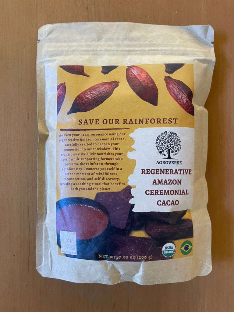 Front of the Agroverse ceremonial cacao bag