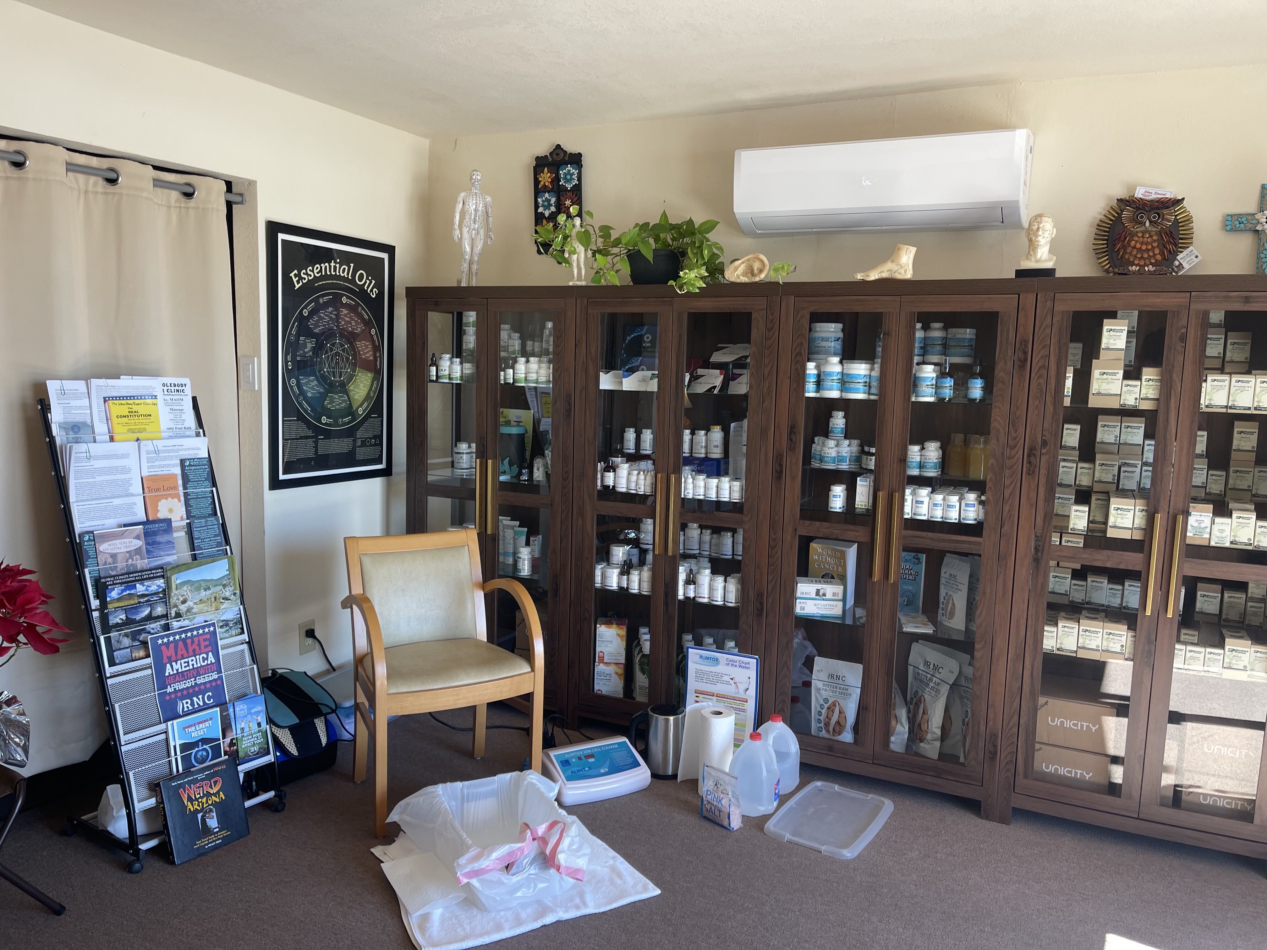 Wall of herbs and remedies at The Whole Body Repair Clinic